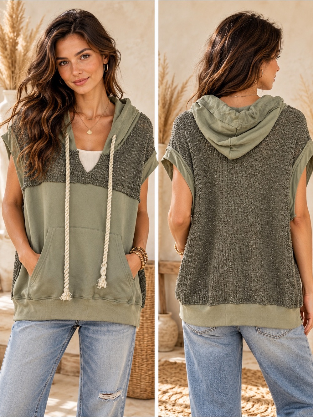 NWT easel Olive Green Short-Sleeve Hoodie Sweater 26” ptp Oversized Small
